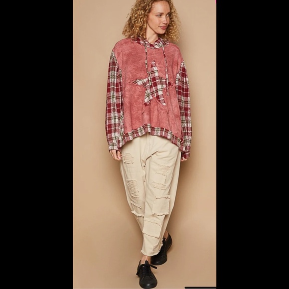 New POL Star Patch Plaid Flannel Long Sleeve Hooded Top Hoodie  Size Large - Picture 2 of 10